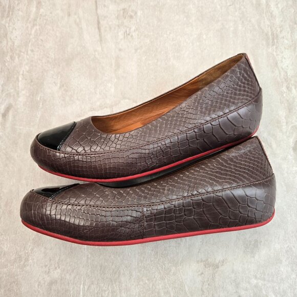 Fitflop Ballet Flats Brown Leather Croc Embossed Slip On Low Wedge Comfort Shoes - Picture 6 of 10